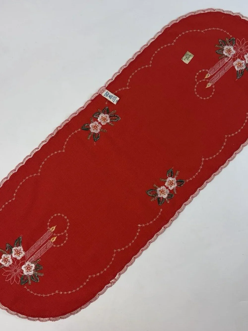 VTG W Germany Red Christmas Table Runner Embroidered Floral Candles Centerpiece
